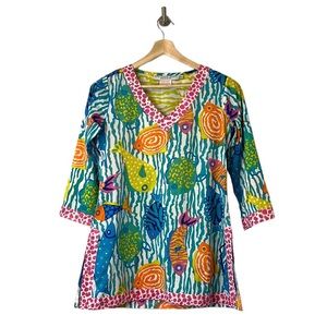 Gretchen Scott One Fish Two Fish Ocean Cotton Tunic popover Top Extra Small XS